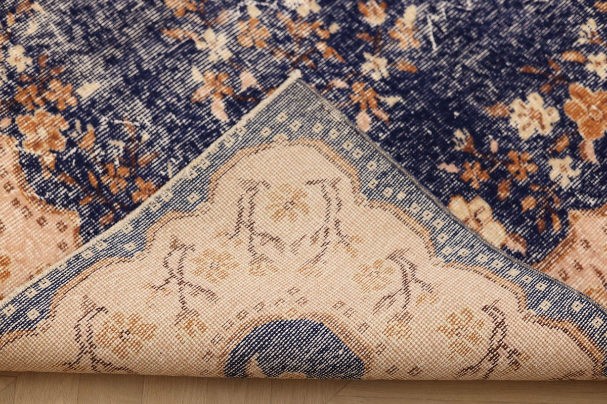 Vintage Isparta Turkish Area Rug 7x9 ft — Blue & Beige Floral