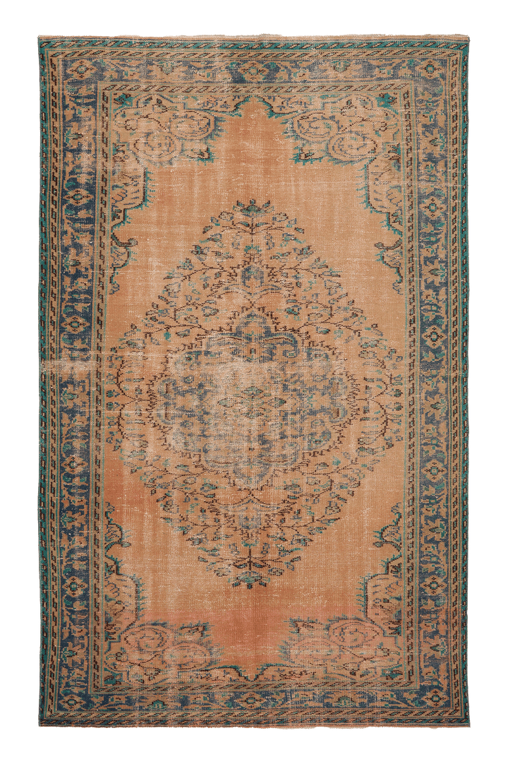 Vintage Manisa Turkish Area Rug 5x9 ft — Orange & Blue Floral (No. 37051)