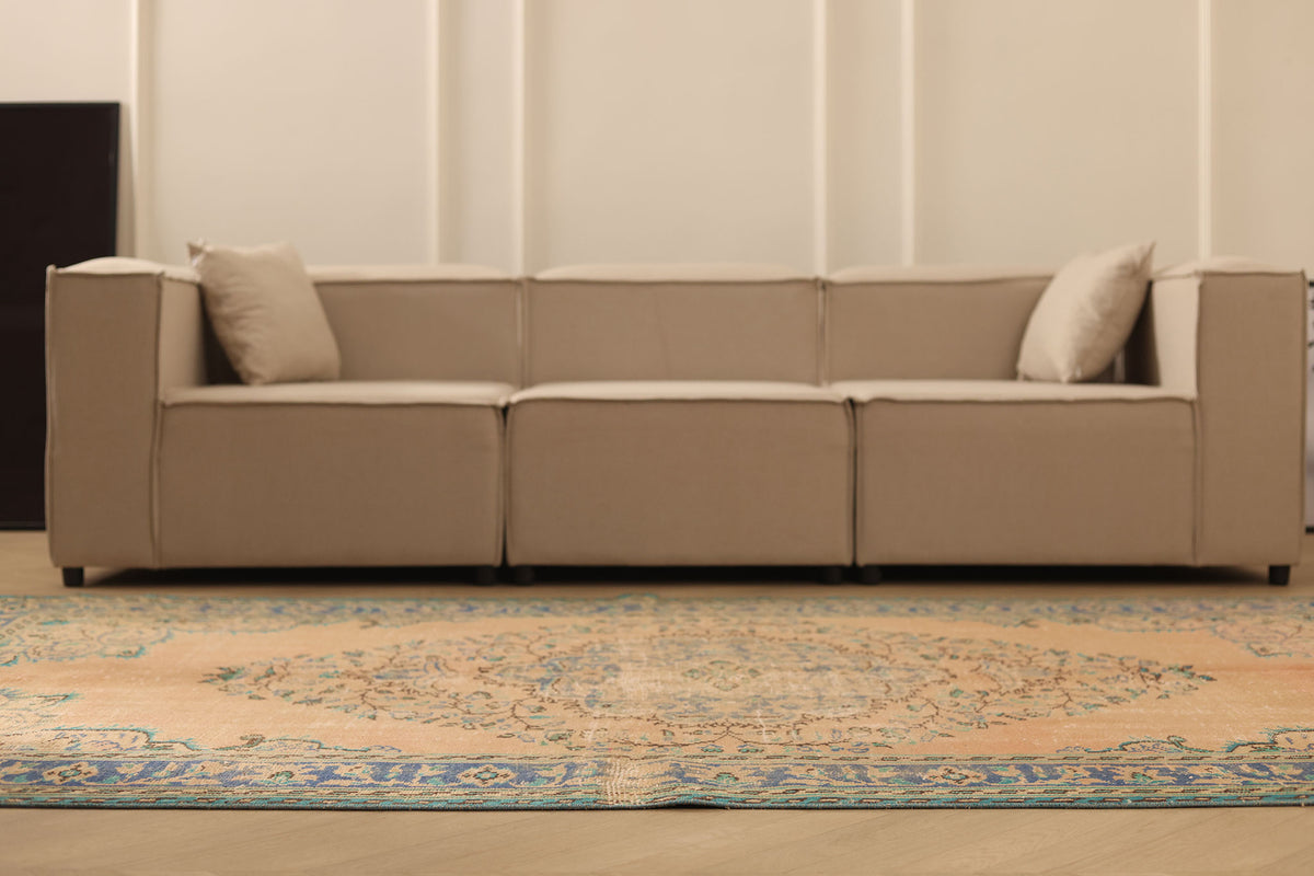 Vintage Manisa Turkish Area Rug 5x9 ft — Orange & Blue Floral (No. 37051)
