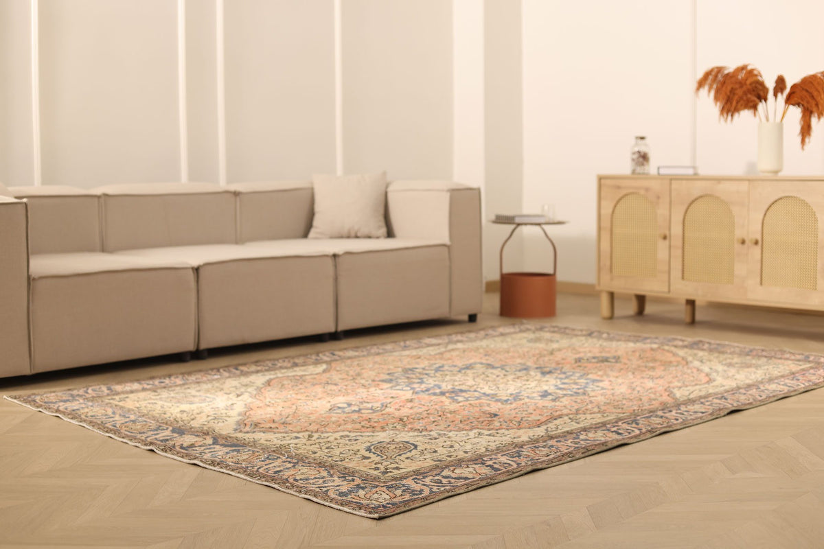 Vintage Isparta Turkish Area Rug 7x9 ft — Beige & Blue Floral