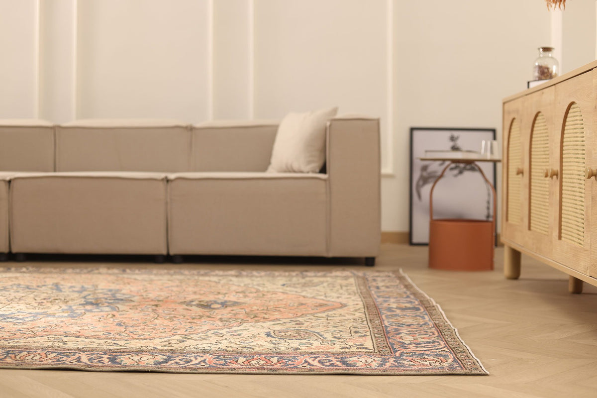 Vintage Isparta Turkish Area Rug 7x9 ft — Beige & Blue Floral