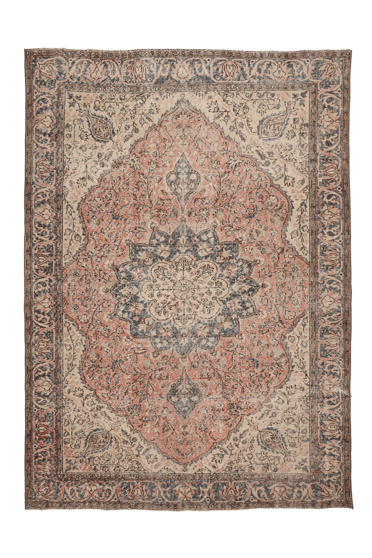 Vintage Isparta Turkish Area Rug 7x9 ft — Beige & Blue Floral