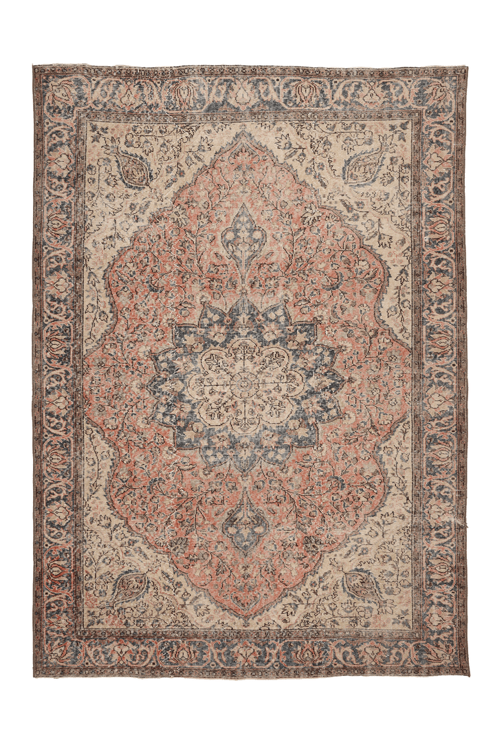 Vintage Isparta Turkish Area Rug 7x9 ft — Beige & Blue Floral