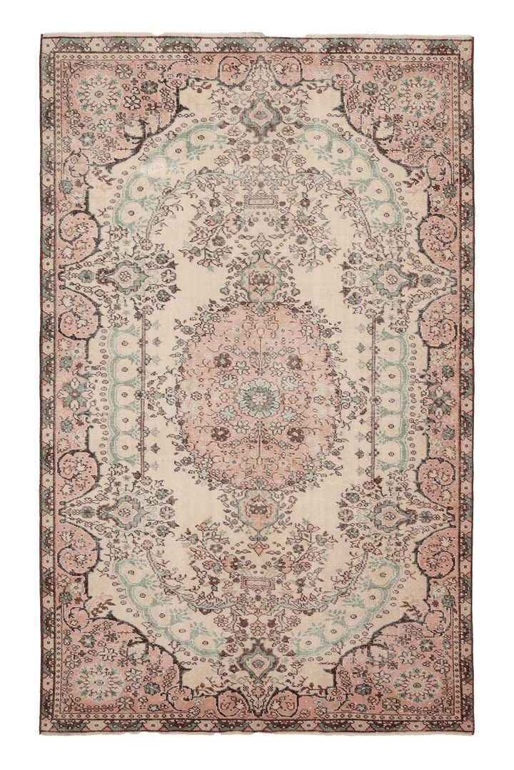 Vintage Isparta Turkish Area Rug 5x9 ft — Beige & Pink Floral (No. 37064)