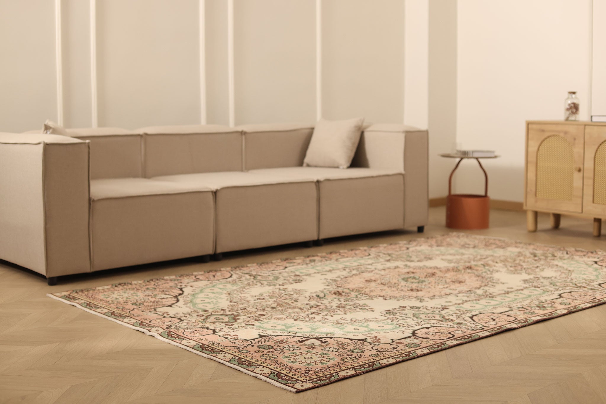 Vintage Isparta Turkish Area Rug 5x9 ft — Beige & Pink Floral (No. 37064)