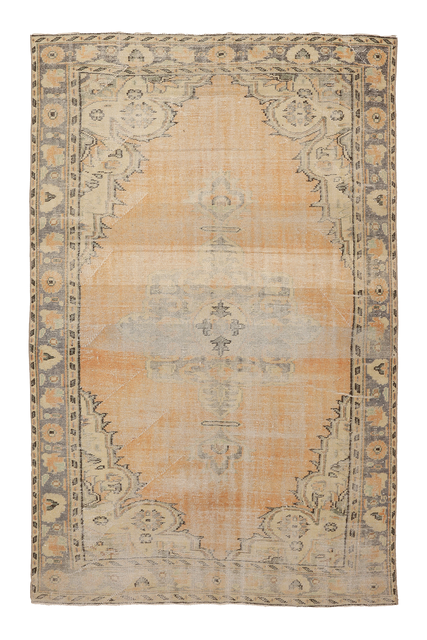 Vintage Manisa Turkish Area Rug 5x8 ft — Orange & Gray Floral
