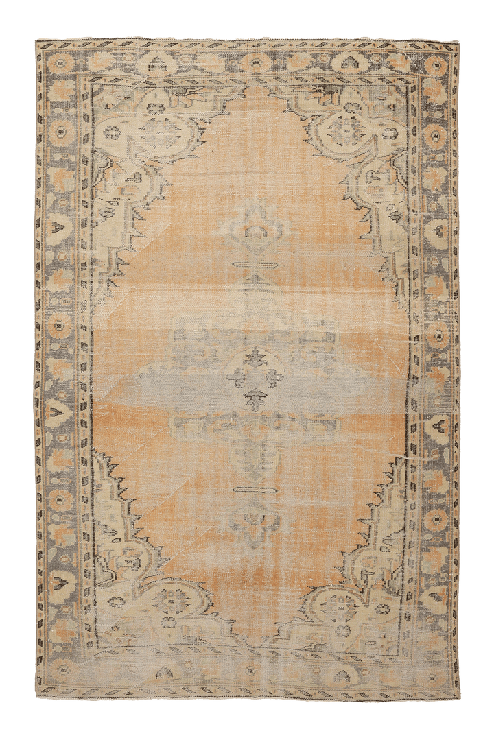 Vintage Manisa Turkish Area Rug 5x8 ft — Orange & Gray Floral