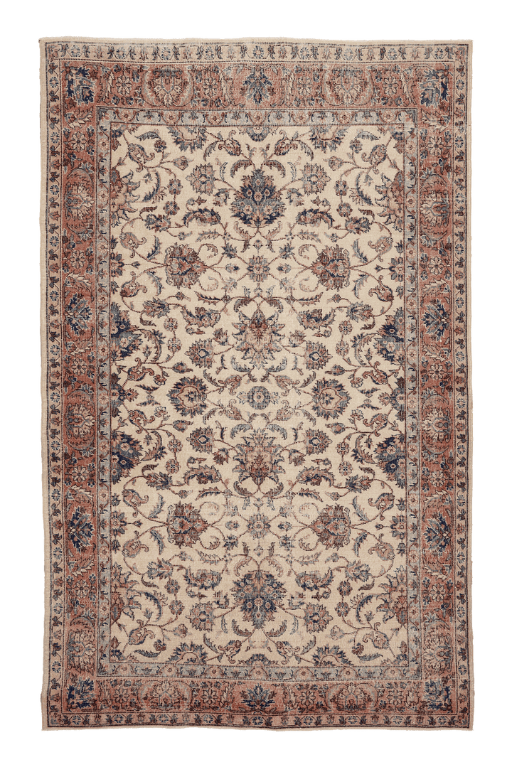 Vintage Isparta Turkish Area Rug 7x11 ft — Beige & Blue Floral