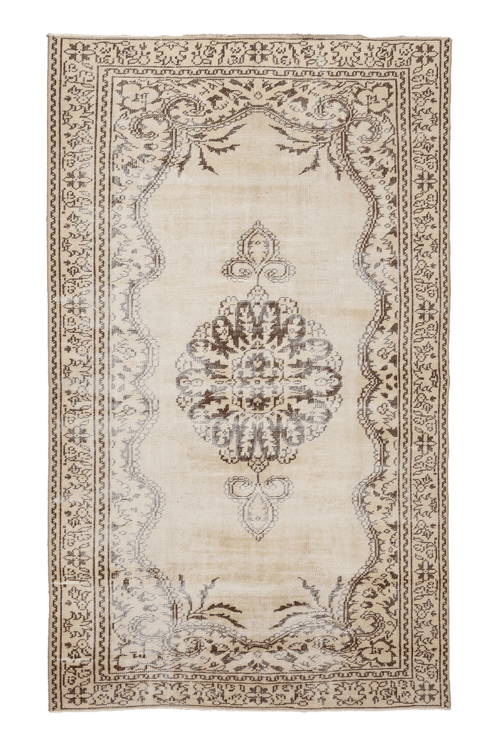 Vintage Manisa Turkish Area Rug 5x9 ft — Beige & Brown Floral (No. 37071)