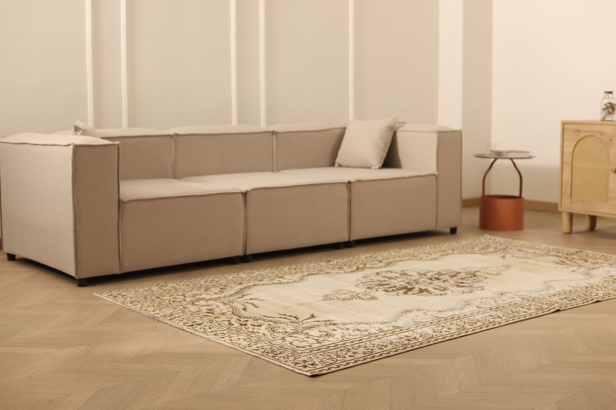 Vintage Manisa Turkish Area Rug 5x9 ft — Beige & Brown Floral (No. 37071)