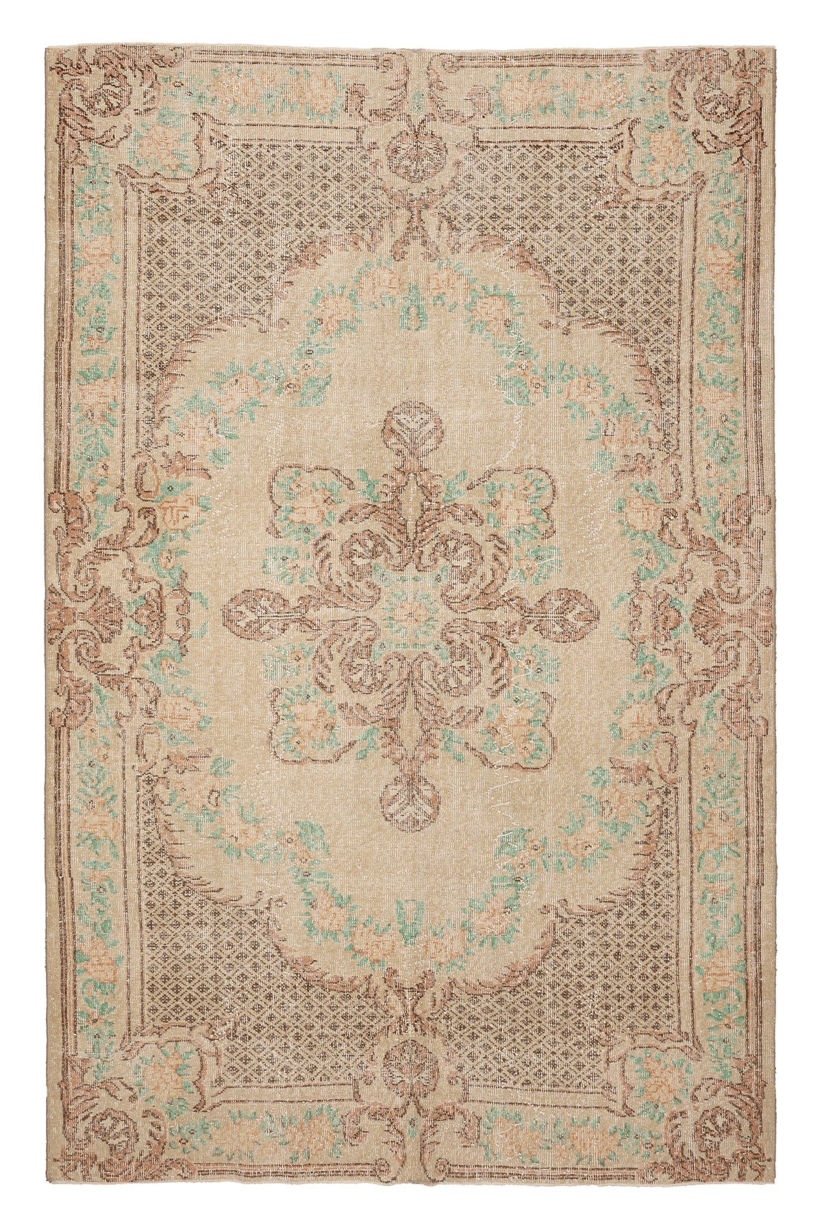 Vintage Isparta Turkish Area Rug 6x9 ft — Beige & Brown Floral (No. 37073)