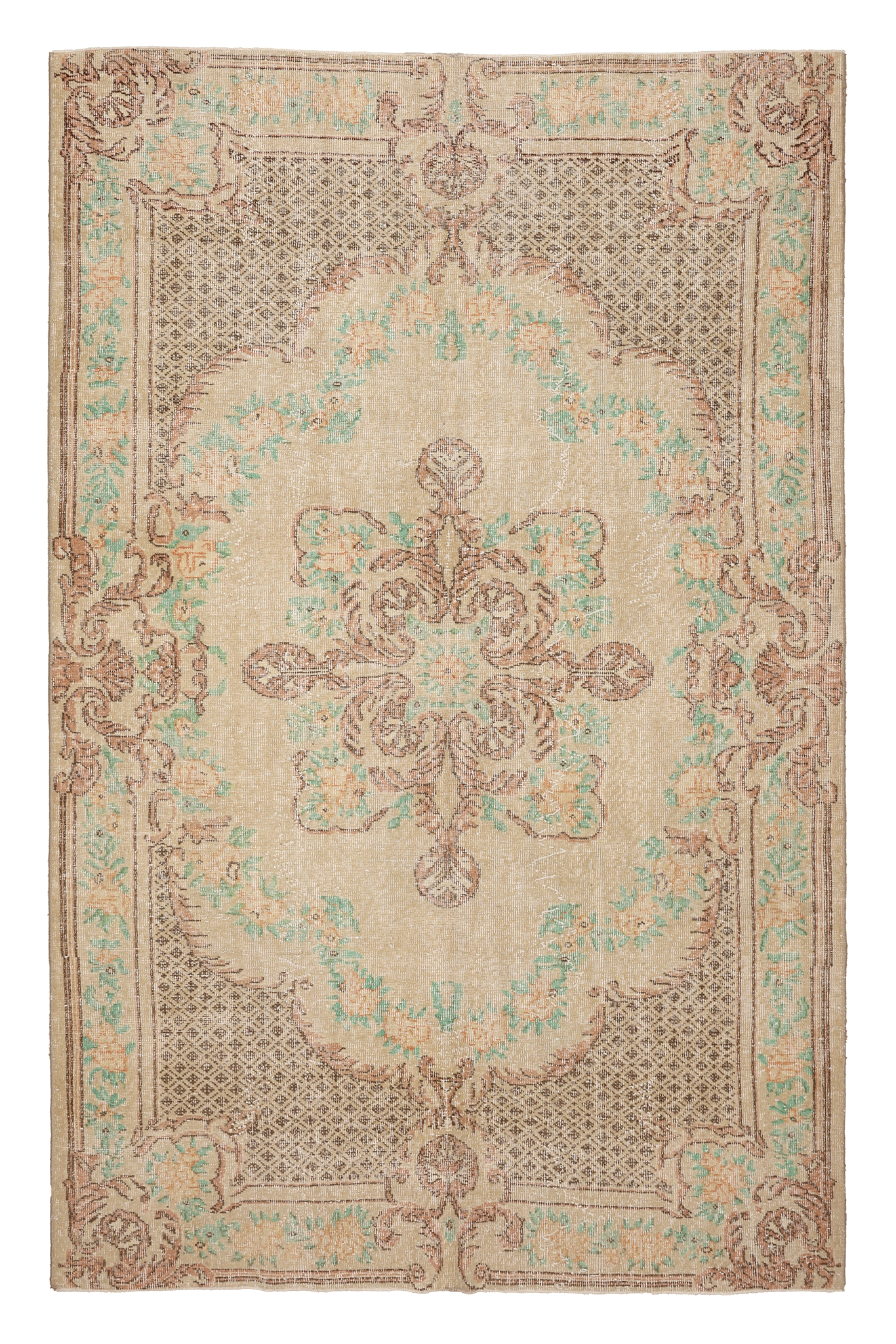 Vintage Isparta Turkish Area Rug 6x9 ft — Beige & Brown Floral (No. 37073)