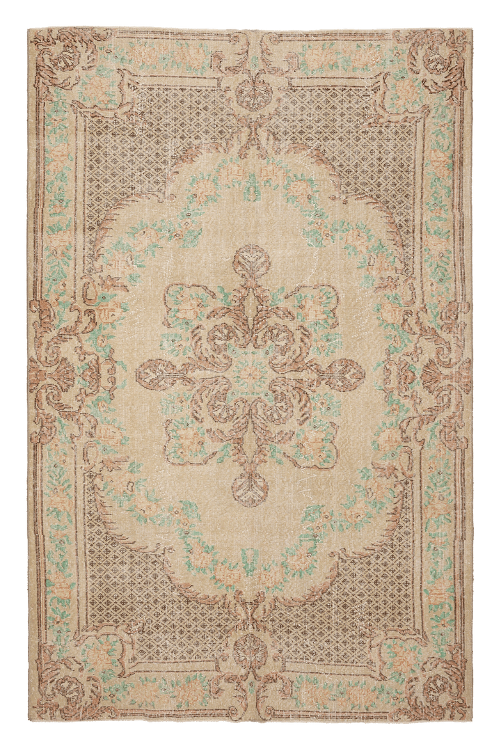 Vintage Isparta Turkish Area Rug 6x9 ft — Beige & Brown Floral (No. 37073)