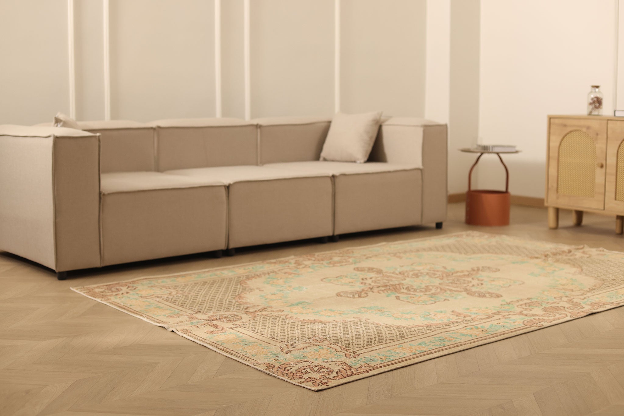 Vintage Isparta Turkish Area Rug 6x9 ft — Beige & Brown Floral (No. 37073)