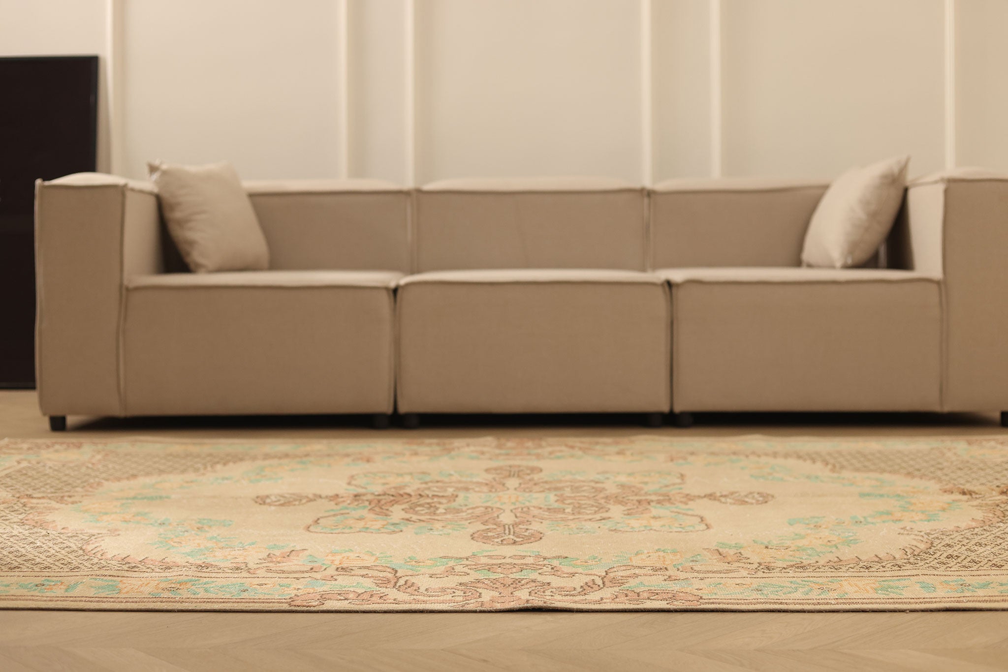 Vintage Isparta Turkish Area Rug 6x9 ft — Beige & Brown Floral (No. 37073)