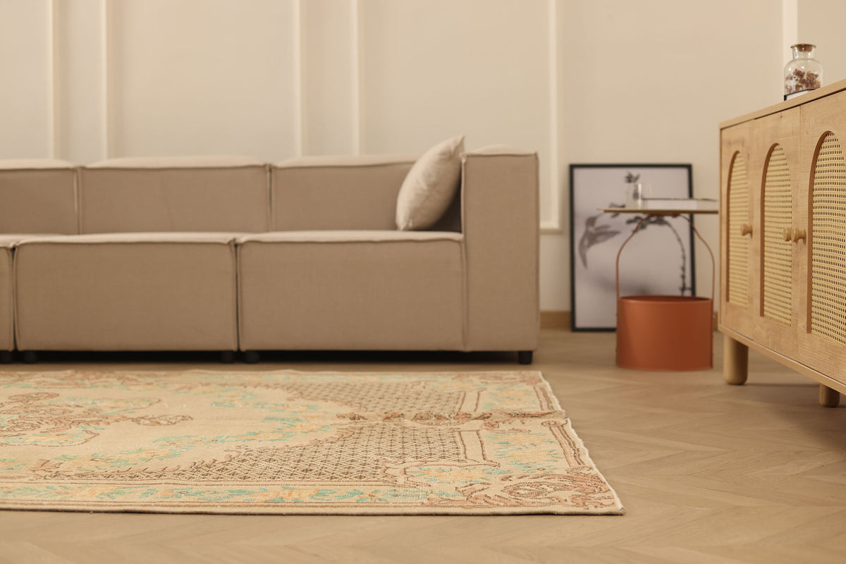 Vintage Isparta Turkish Area Rug 6x9 ft — Beige & Brown Floral (No. 37073)