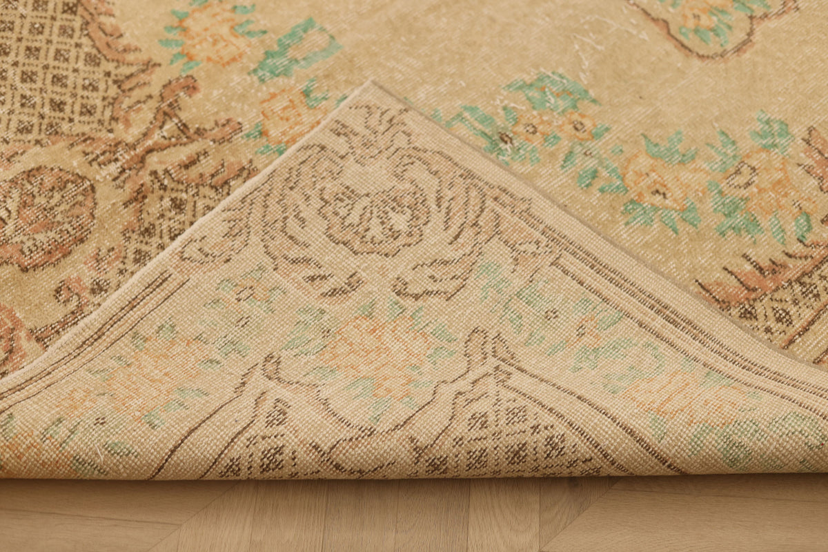 Vintage Isparta Turkish Area Rug 6x9 ft — Beige & Brown Floral (No. 37073)