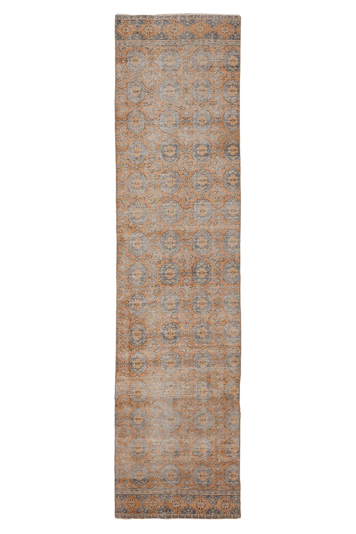 Vintage Manisa Turkish Runner Rug 2x10 ft — Orange & Gray Geometric