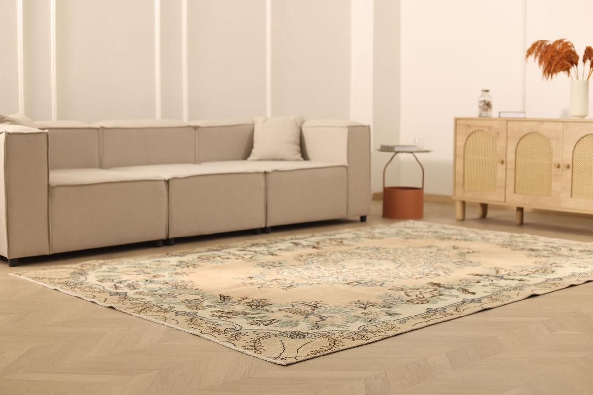 Vintage Isparta Turkish Area Rug 7x10 ft — Beige & Brown Floral