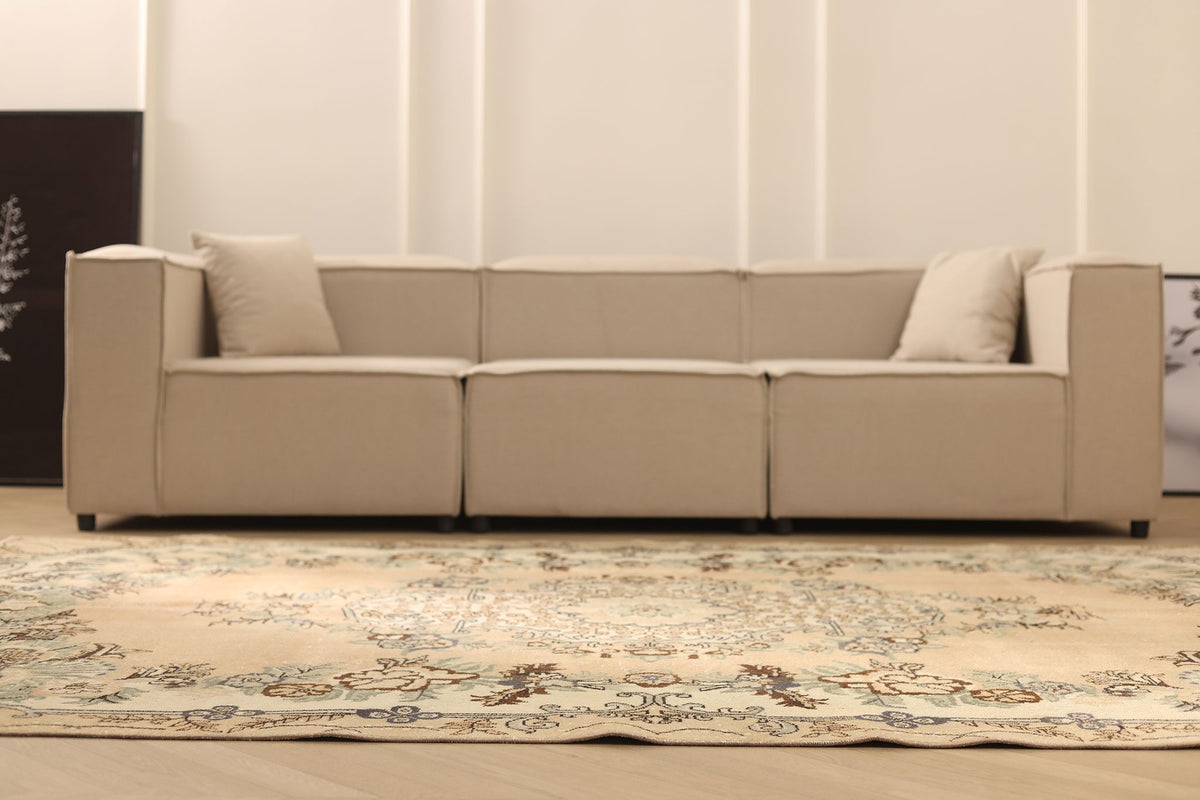 Vintage Isparta Turkish Area Rug 7x10 ft — Beige & Brown Floral