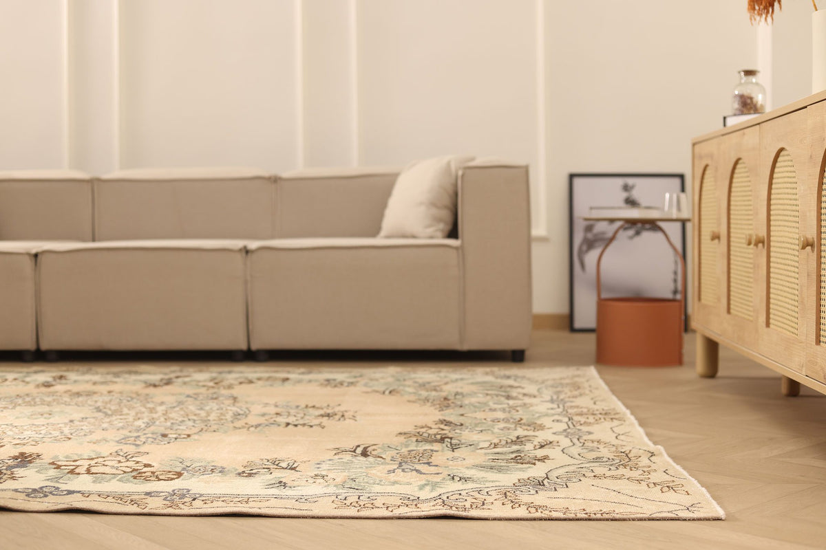 Vintage Isparta Turkish Area Rug 7x10 ft — Beige & Brown Floral