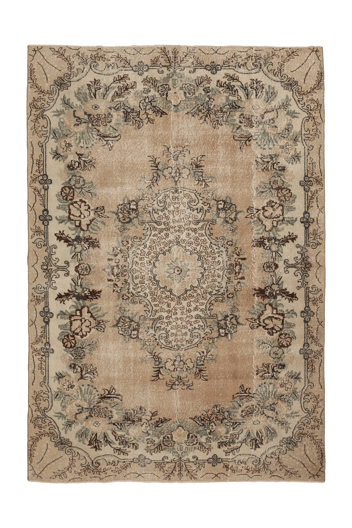 Vintage Isparta Turkish Area Rug 7x10 ft — Beige & Brown Floral