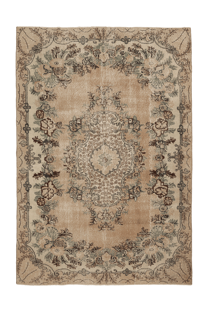 Vintage Isparta Turkish Area Rug 7x10 ft — Beige & Brown Floral