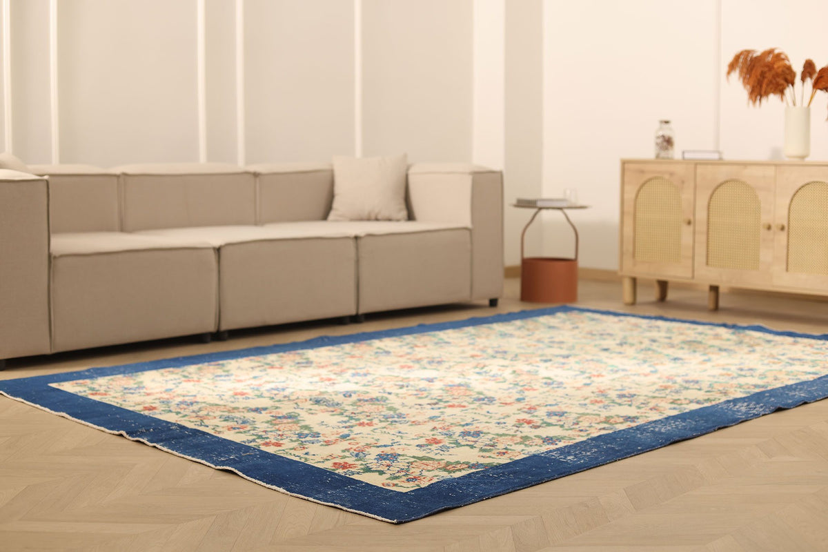Vintage Isparta Turkish Area Rug 7x10 ft — Beige & Blue Floral