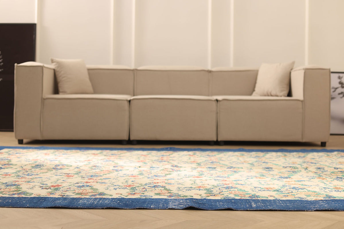 Vintage Isparta Turkish Area Rug 7x10 ft — Beige & Blue Floral