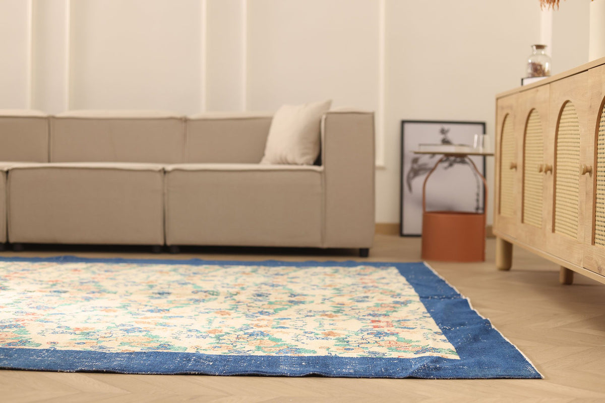 Vintage Isparta Turkish Area Rug 7x10 ft — Beige & Blue Floral