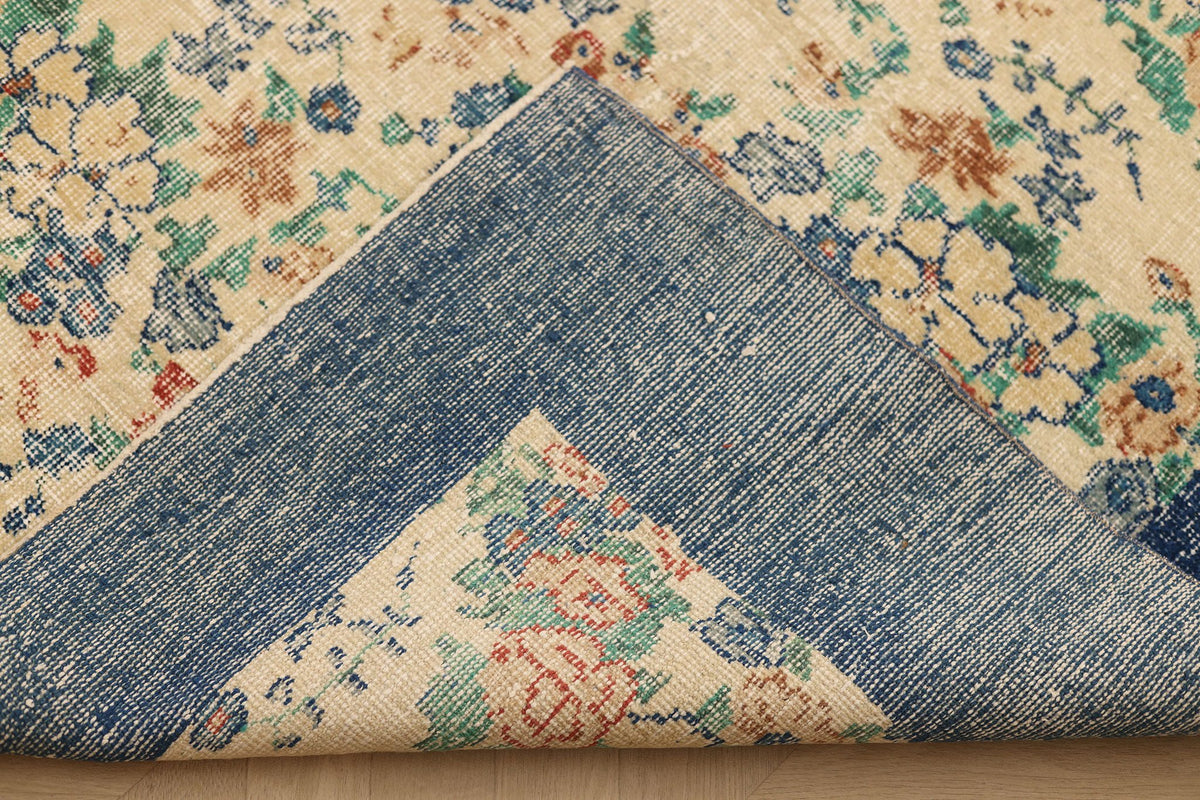 Vintage Isparta Turkish Area Rug 7x10 ft — Beige & Blue Floral