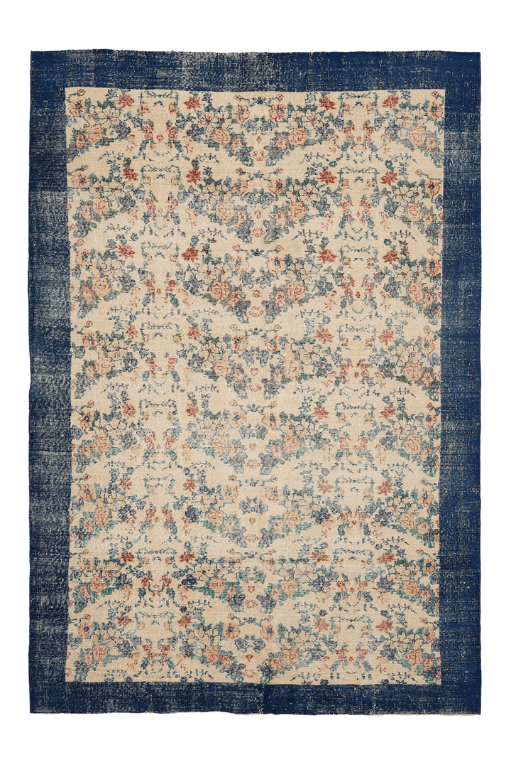 Vintage Isparta Turkish Area Rug 7x10 ft — Beige & Blue Floral
