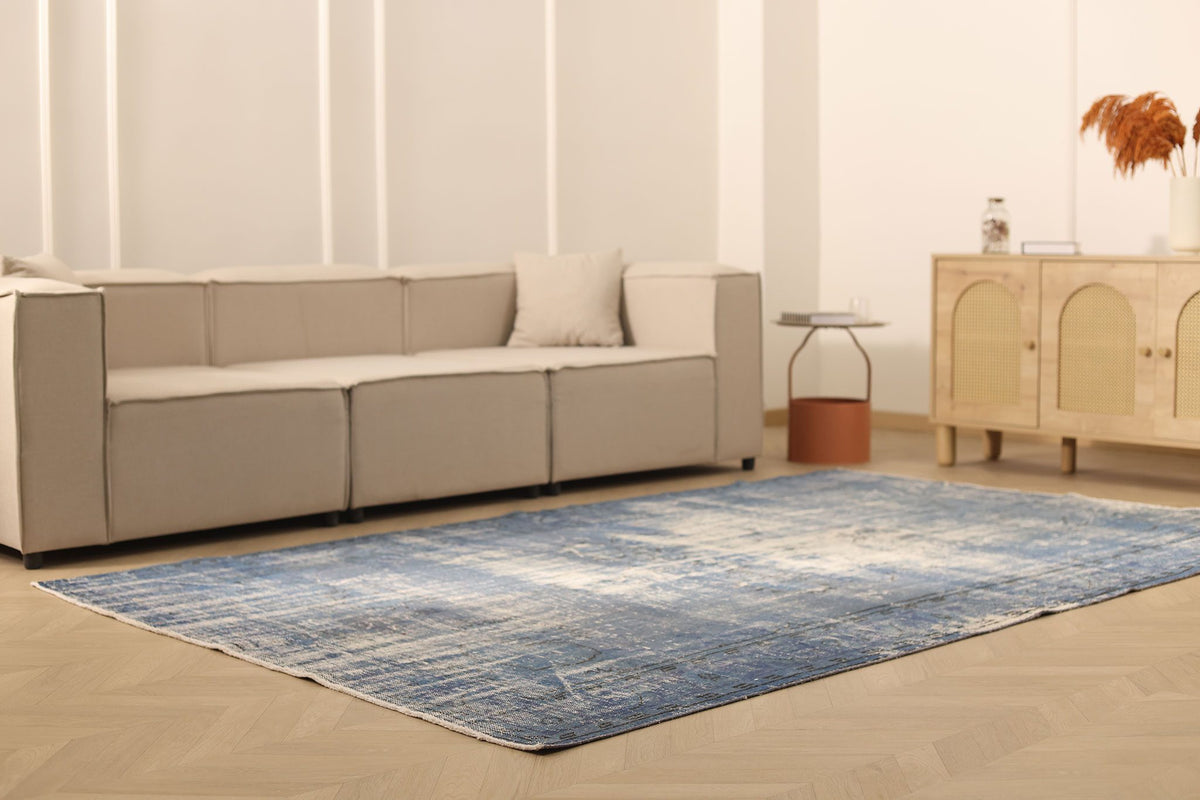 Vintage Isparta Turkish Area Rug 6x10 ft — Blue & Gray Overdyed