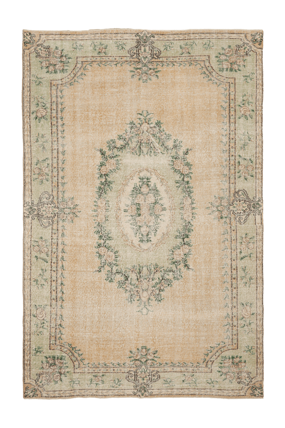 Vintage Isparta Turkish Area Rug 6x9 ft — Beige & Green Floral