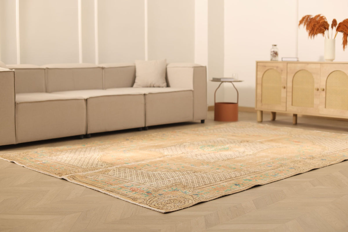 Vintage Isparta Turkish Area Rug 7x10 ft — Beige & Brown Floral