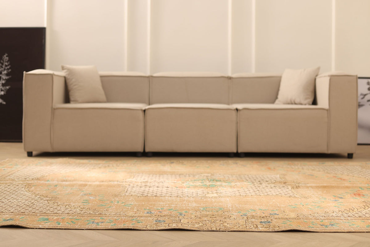 Vintage Isparta Turkish Area Rug 7x10 ft — Beige & Brown Floral