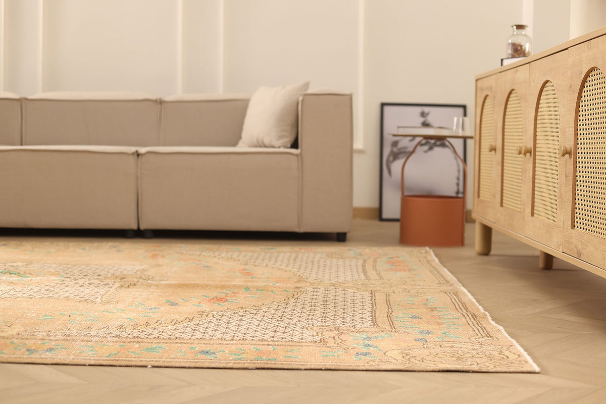 Vintage Isparta Turkish Area Rug 7x10 ft — Beige & Brown Floral