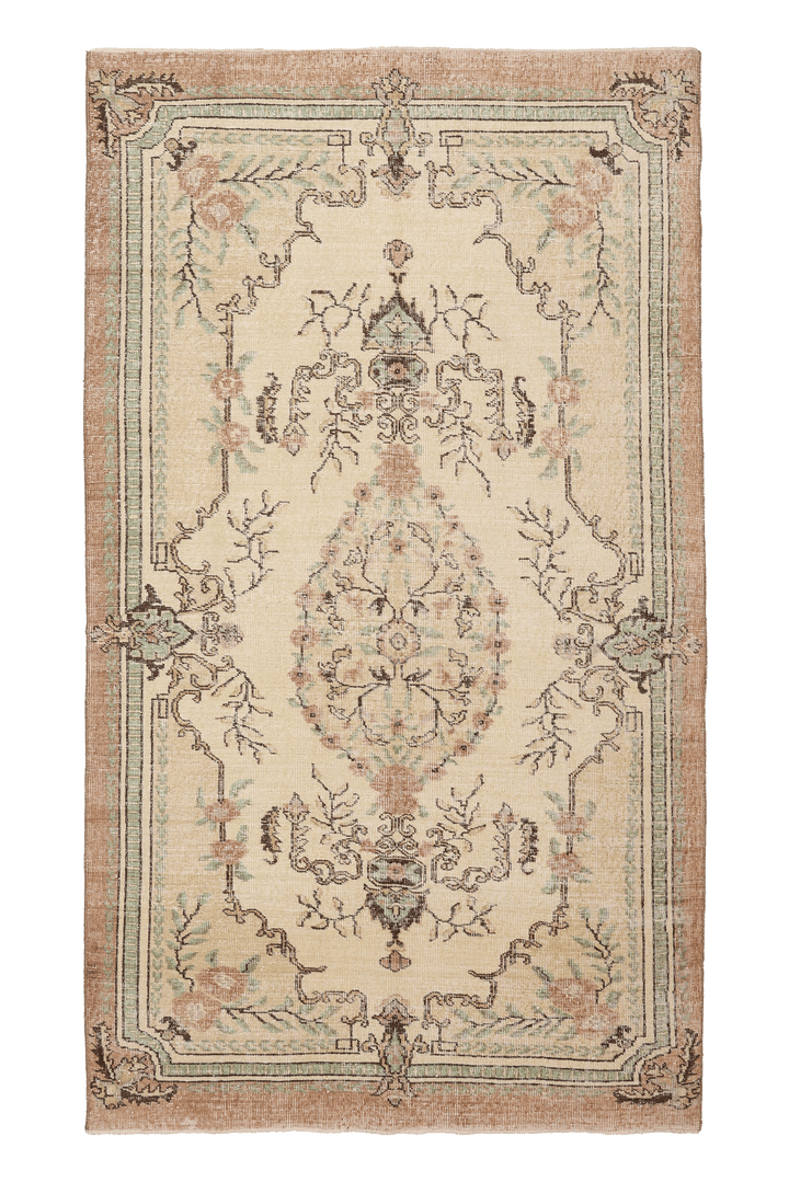 Vintage Isparta Turkish Area Rug 4x8 ft — Beige & Brown Floral