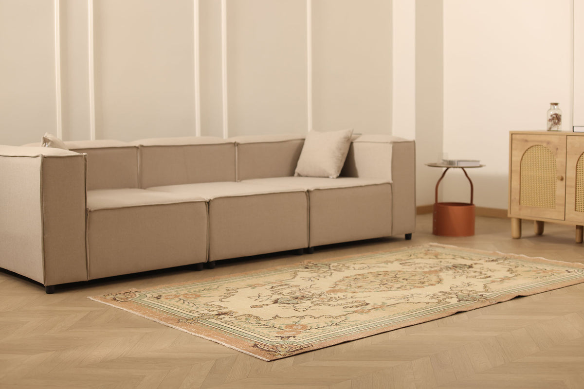 Vintage Isparta Turkish Area Rug 4x8 ft — Beige & Brown Floral