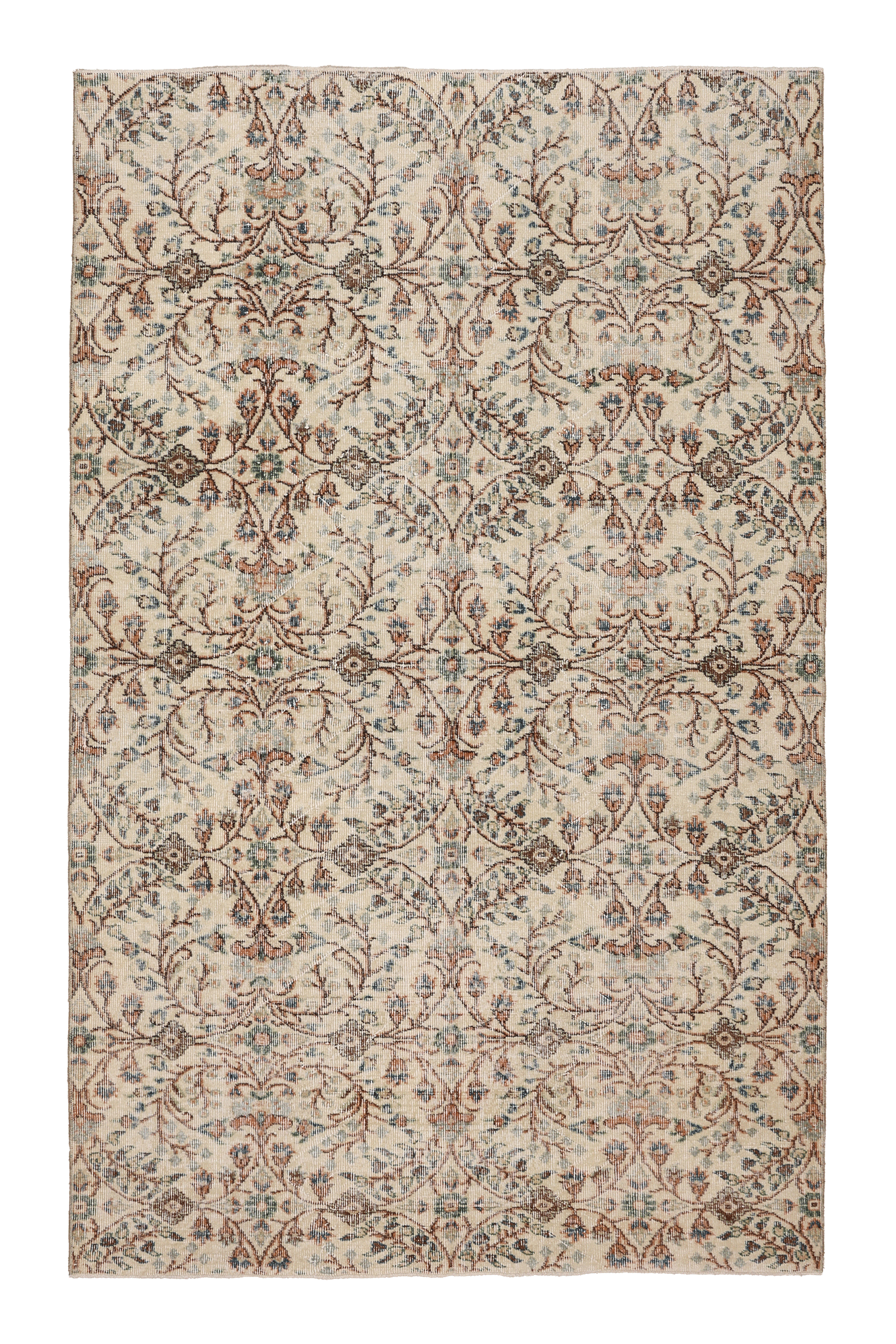 Vintage Isparta Turkish Area Rug 5x8 ft — Beige & Brown Floral (No. 37145)