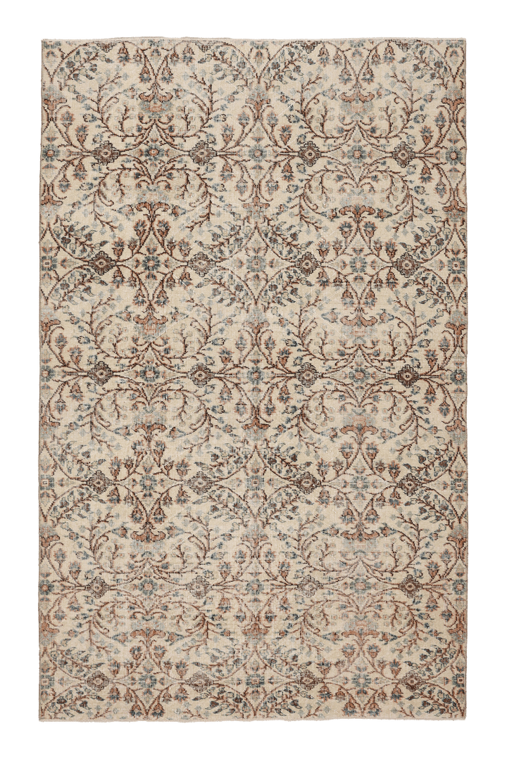Vintage Isparta Turkish Area Rug 5x8 ft — Beige & Brown Floral (No. 37145)