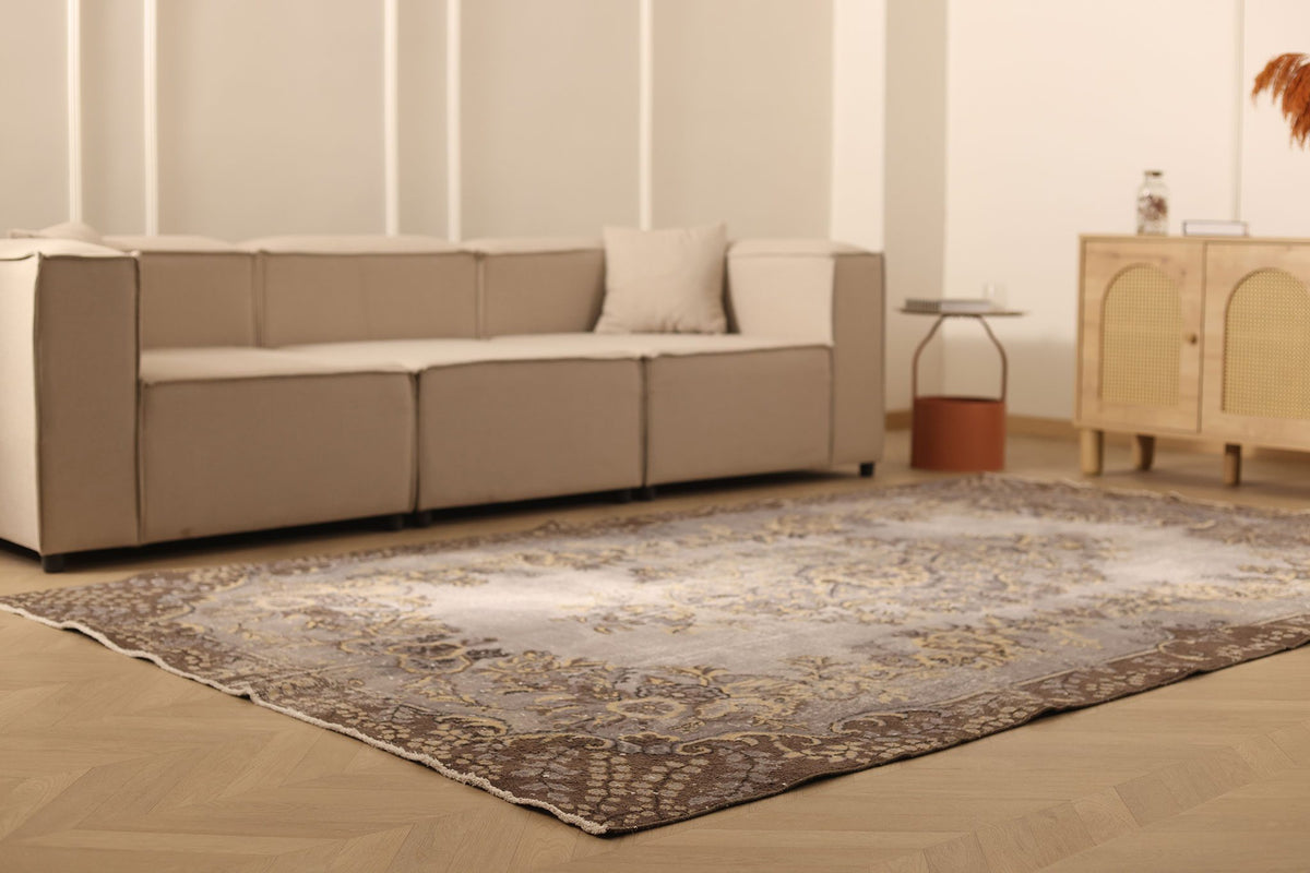 Vintage Isparta Turkish Area Rug 7x11 ft — Gray & Brown Floral