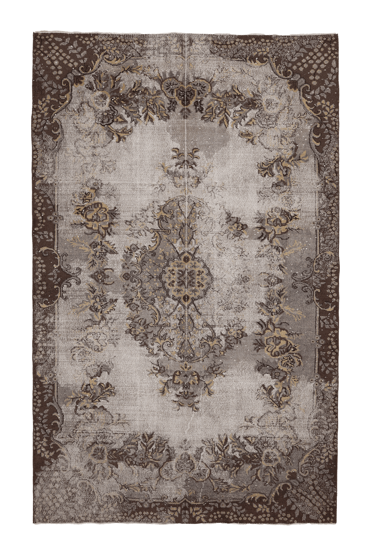 Vintage Isparta Turkish Area Rug 7x11 ft — Gray & Brown Floral