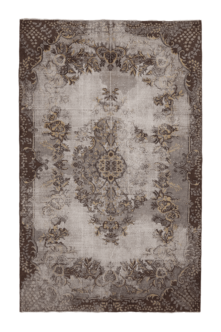 Vintage Isparta Turkish Area Rug 7x11 ft — Gray & Brown Floral