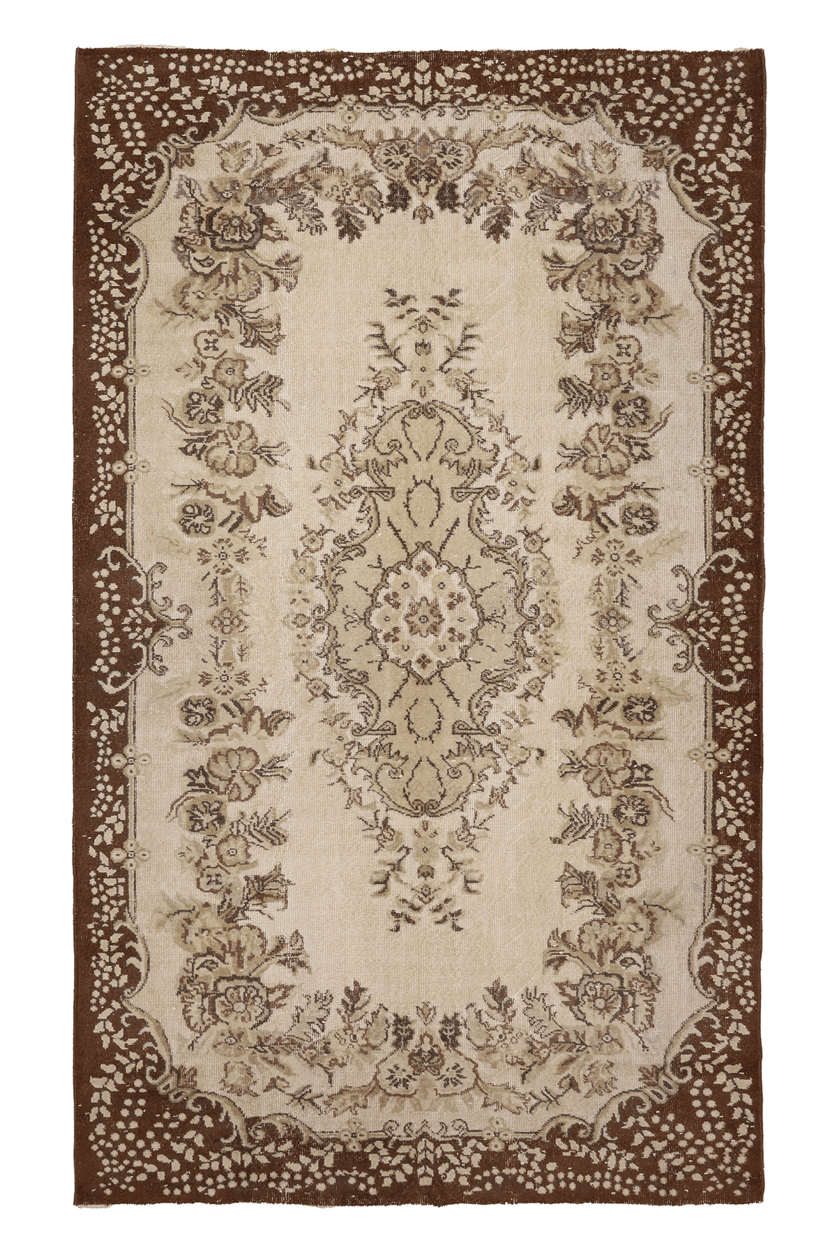 Vintage Isparta Turkish Area Rug 5x9 ft — Beige & Brown Floral (No. 37165)
