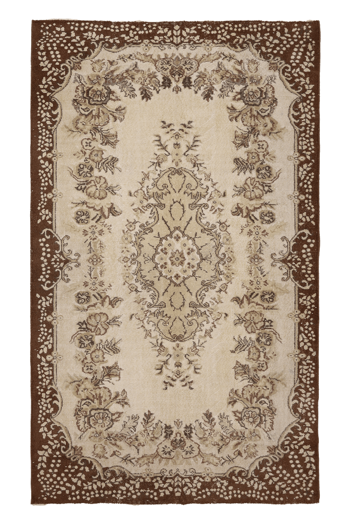 Vintage Isparta Turkish Area Rug 5x9 ft — Beige & Brown Floral (No. 37165)