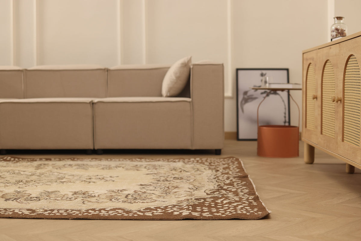 Vintage Isparta Turkish Area Rug 5x9 ft — Beige & Brown Floral (No. 37165)