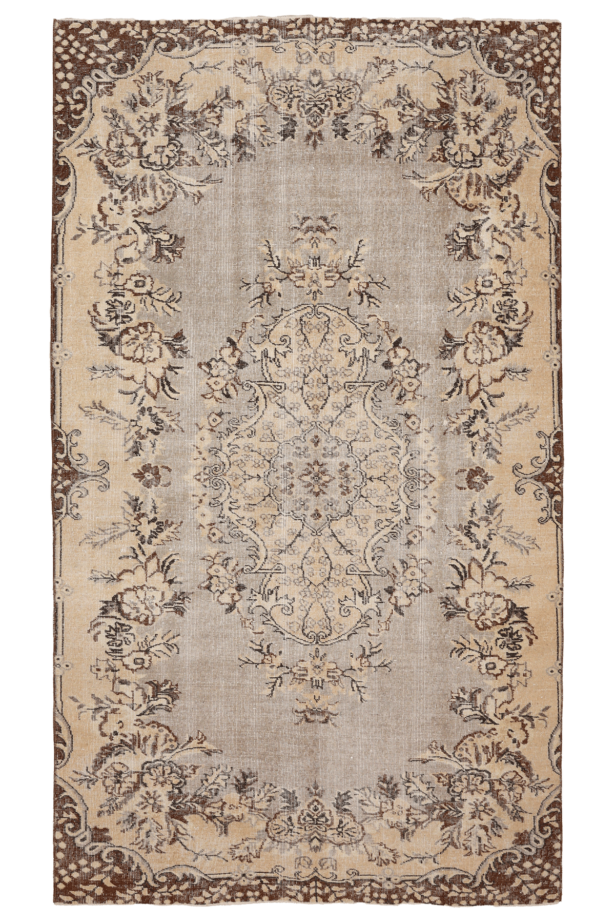 Vintage Isparta Turkish Area Rug 5x9 ft — Beige & Brown Floral (No. 37167)