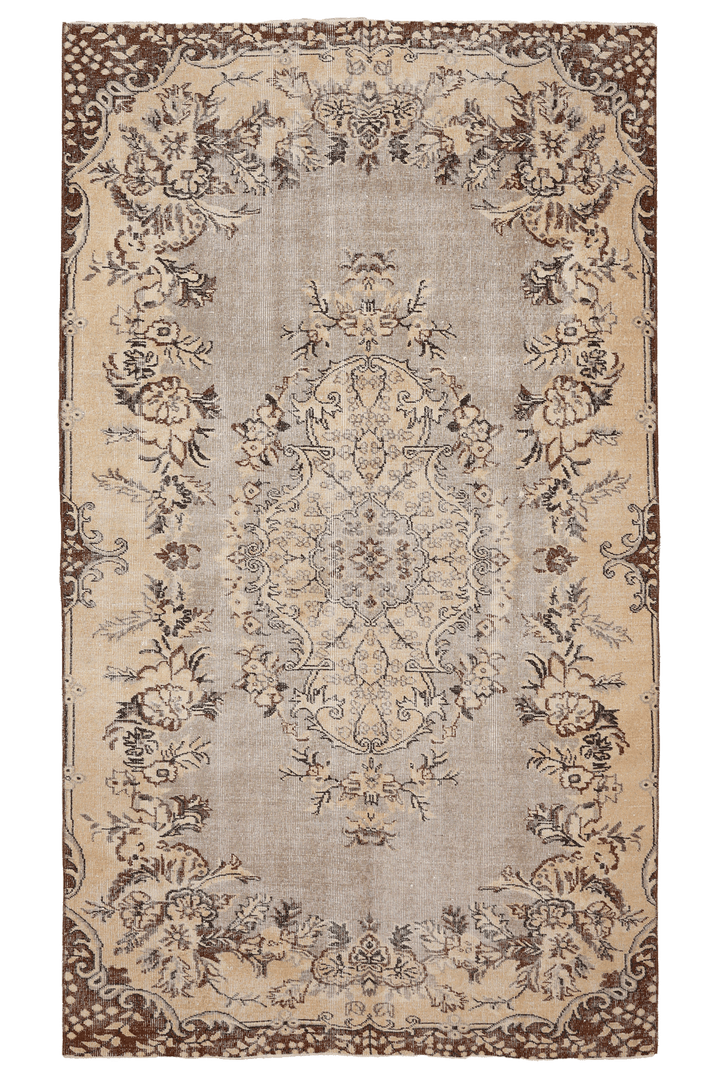 Vintage Isparta Turkish Area Rug 5x9 ft — Beige & Brown Floral (No. 37167)