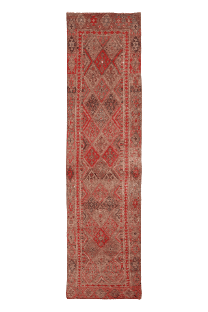 Vintage Southeastern Persian Style Runner Rug 3x11 ft — Brown & Red Geometric
